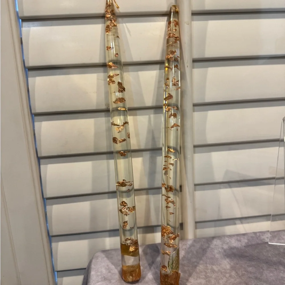 Two 11.5” MCM Lucite copper and gold flake‎ candles sticks